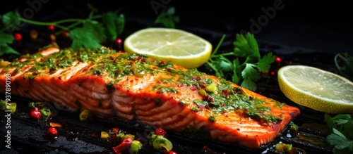 Grilled salmon with lemon and herbs photo