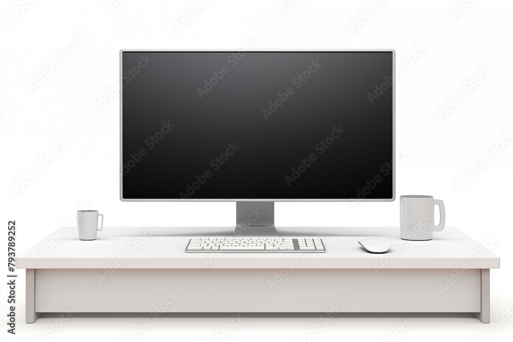 Fototapeta premium Computer on desk with white background. Subject related to the business world. Computer related topics. Image for graphic designer. Telework. Coworking.