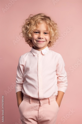 Cheerful boy on a pink background. AI Generated