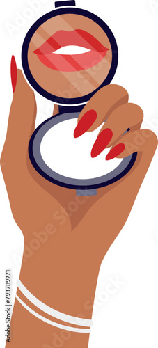 A dark brown girl holds a pocket mirror in her hand that reflects her red lips