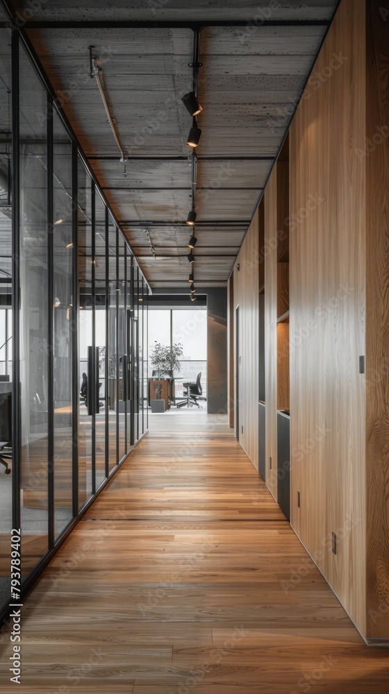 Wooden office interior with glass walls and wooden floor Wooden office interior with glass walls and wooden floor