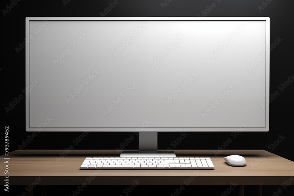 Computer on desk with white background. Subject related to the business world. Computer related topics. Image for graphic designer. Telework. Coworking.