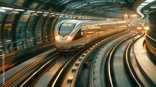High-speed subway train speeding through a curved track, showcasing efficient urban transportation.