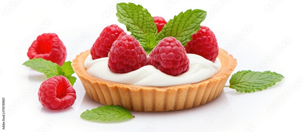 Raspberry cream tart with mint leaves Raspberry cream tart with mint leaves
