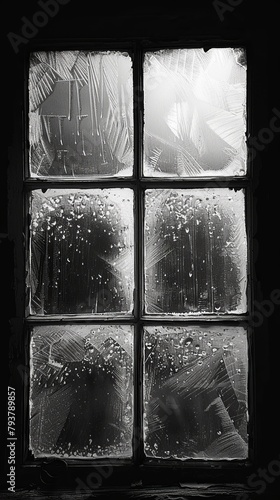 Black and white photo of a window covered in frost