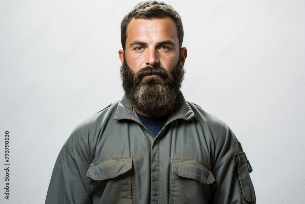 b'portrait of a man with a thick beard wearing a jumpsuit' b'portrait of a man with a thick beard wearing a jumpsuit'