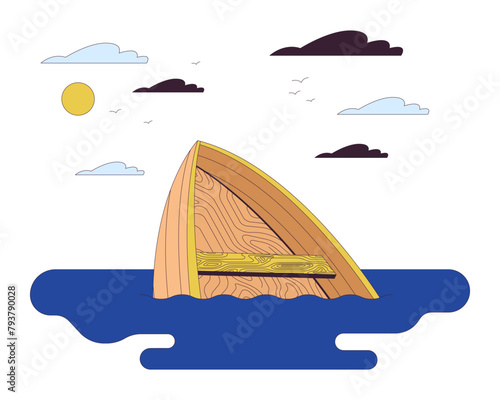 Drowning boat on river line cartoon flat illustration. Vessel accident on water 2D lineart objects isolated on white background. Danger of ship sinking awareness scene vector color image