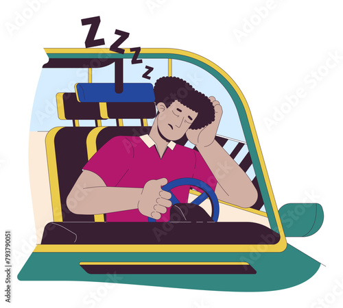 Latin man falling asleep while driving line cartoon flat illustration. Tired hispanic male driver at steering wheel 2D lineart character isolated on white background. Accident scene vector color image