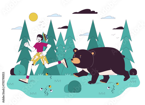Wild animal encounter line cartoon flat illustration. Asian woman running away from angry bear 2D lineart characters isolated on white background. Danger of wild nature scene vector color image