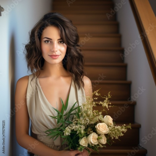 b'Elegant woman in evening dress holding bouquet of white roses'