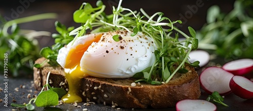 Sandwich with poached egg and radishes