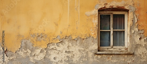 Old window on worn yellow wall photo