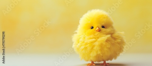 Fluffy yellow chick on white background photo