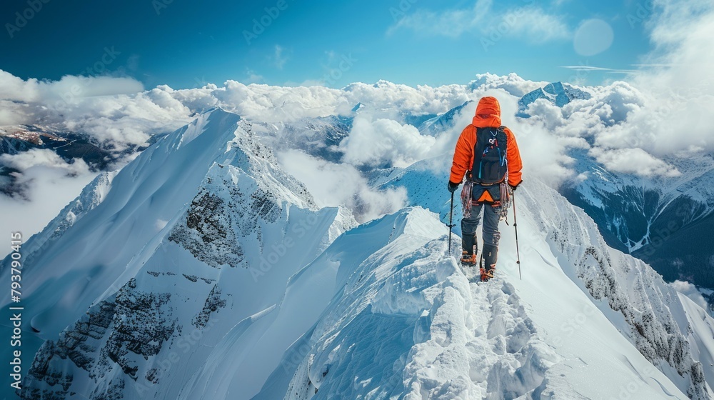 b'Mountaineer on the summit of a snow-capped mountain' b'Mountaineer on the summit of a snow-capped mountain'
