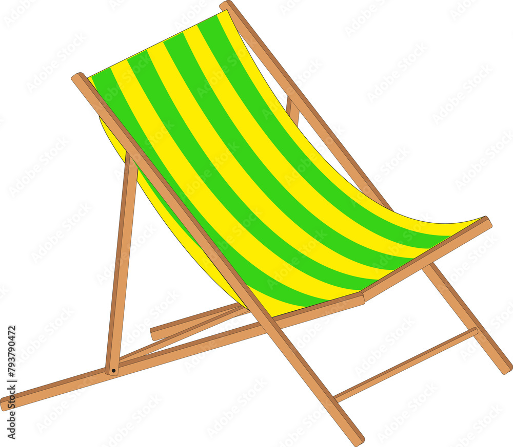 Chaise longue avec cadre en bois et tissu rayé de différentes couleurs sur fond blanc	