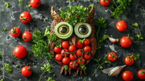 b'An owl made of vegetables'