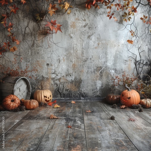 Halloween background with pumpkins, leaves and branches