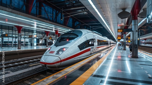 Wallpaper Mural Modern high-speed train station bustling with activity as travelers embark and disembark from sleek trains. Torontodigital.ca