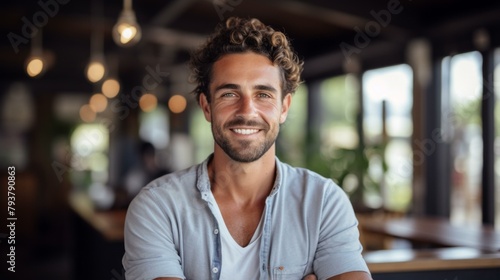 b'Portrait of a smiling young man with curly hair'