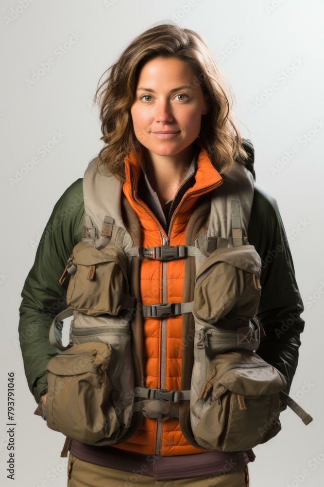 b'Portrait of a smiling woman wearing a fishing vest' b'Portrait of a smiling woman wearing a fishing vest'