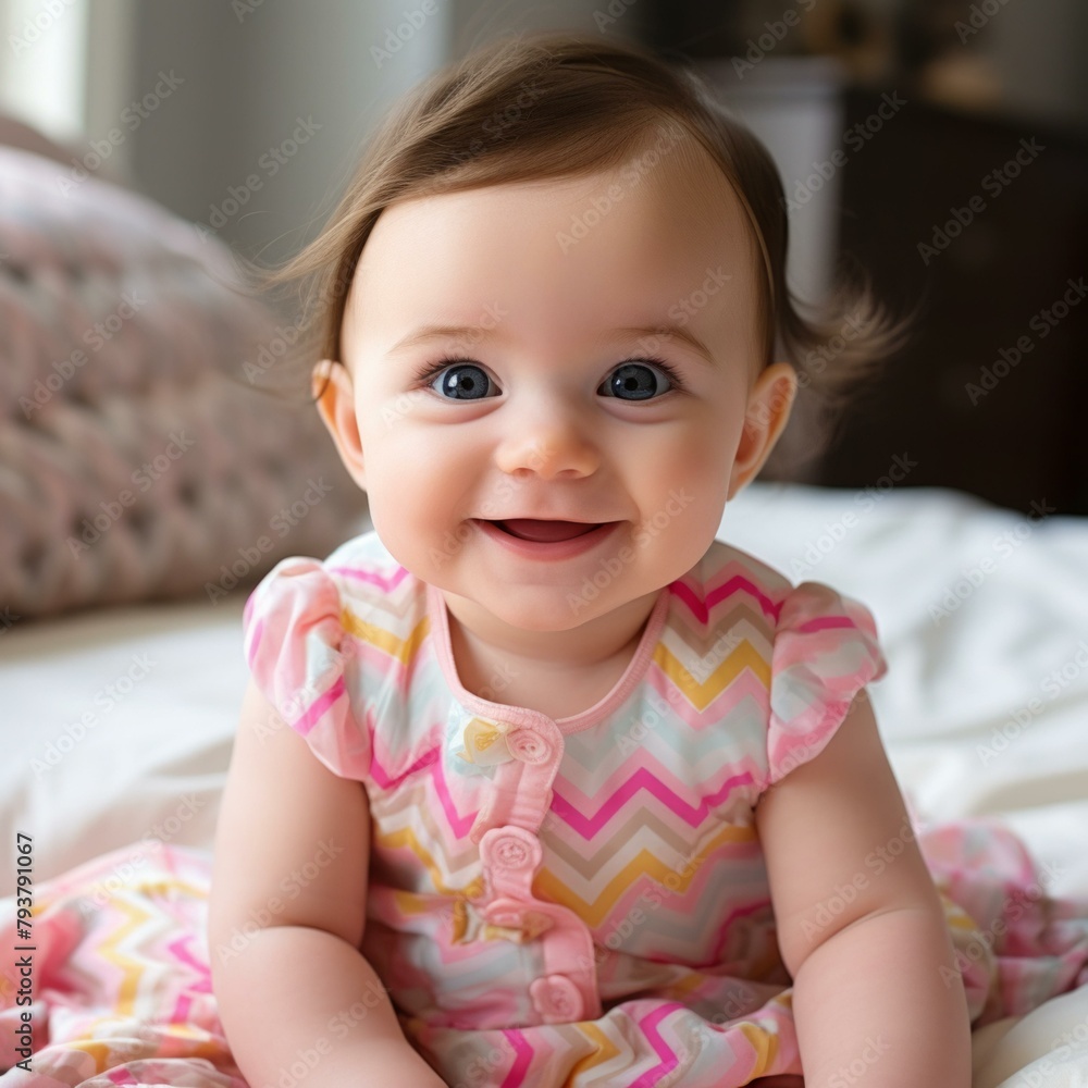 b'An adorable baby girl with blue eyes and brown hair is sitting on a bed and smiling at the camera.' b'An adorable baby girl with blue eyes and brown hair is sitting on a bed and smiling at the camera.'