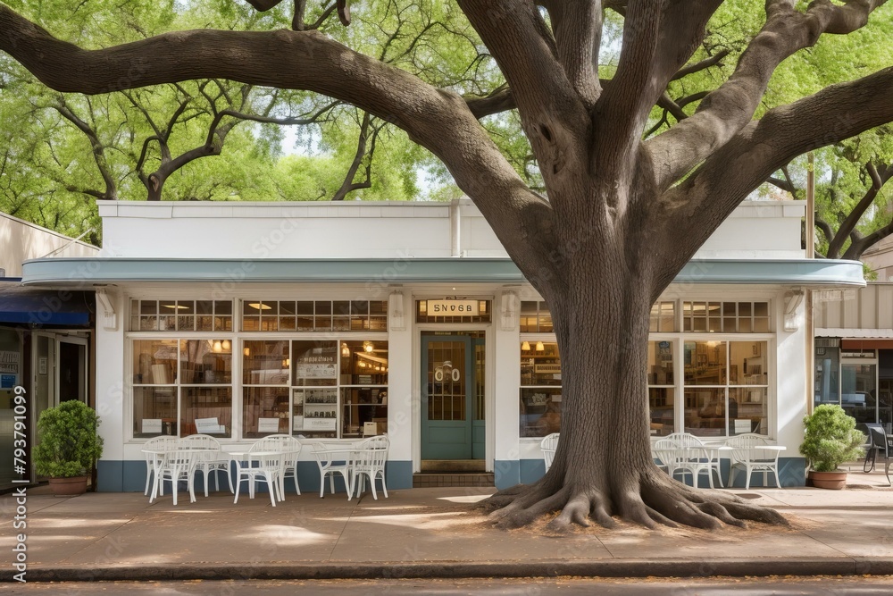 b'Coffee shop exterior with large tree'