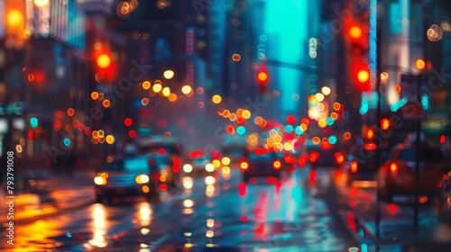 Nighttime cityscape with blurred car lights and traffic signals, depicting the bustling energy of urban life. © Plaifah