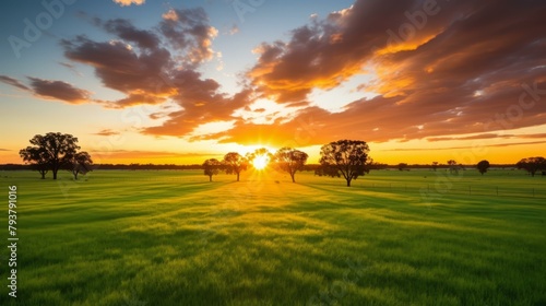 b'sunset over a vast green field with trees in the distance'