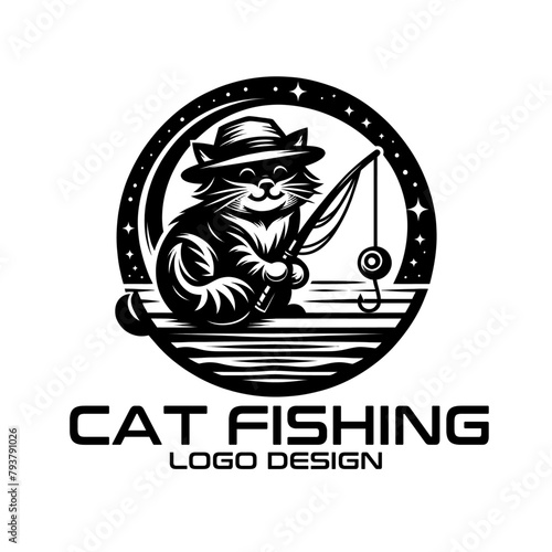Cat Fishing Vector Logo Design