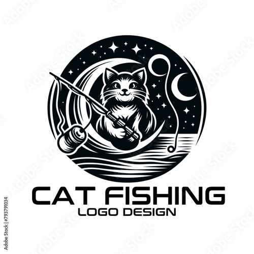 Cat Fishing Vector Logo Design