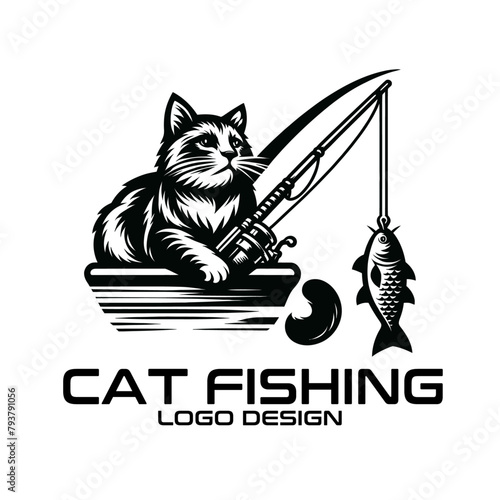 Cat Fishing Vector Logo Design