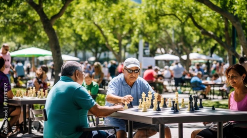 A man and woman engaged in a strategic battle of chess in a peaceful park setting