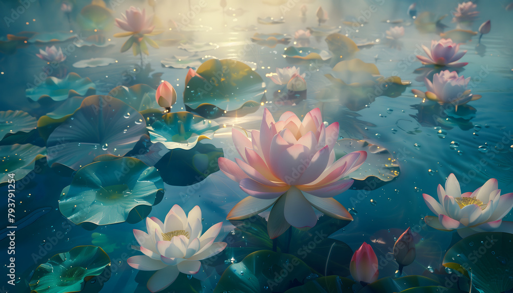 Beautiful tranquil waters adorned with the delicate presence of several pink and white lotus flowers - obrazy, fototapety, plakaty 