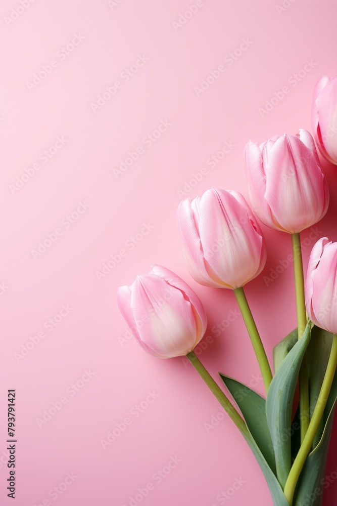 b'A bouquet of pink tulips on a pink background'