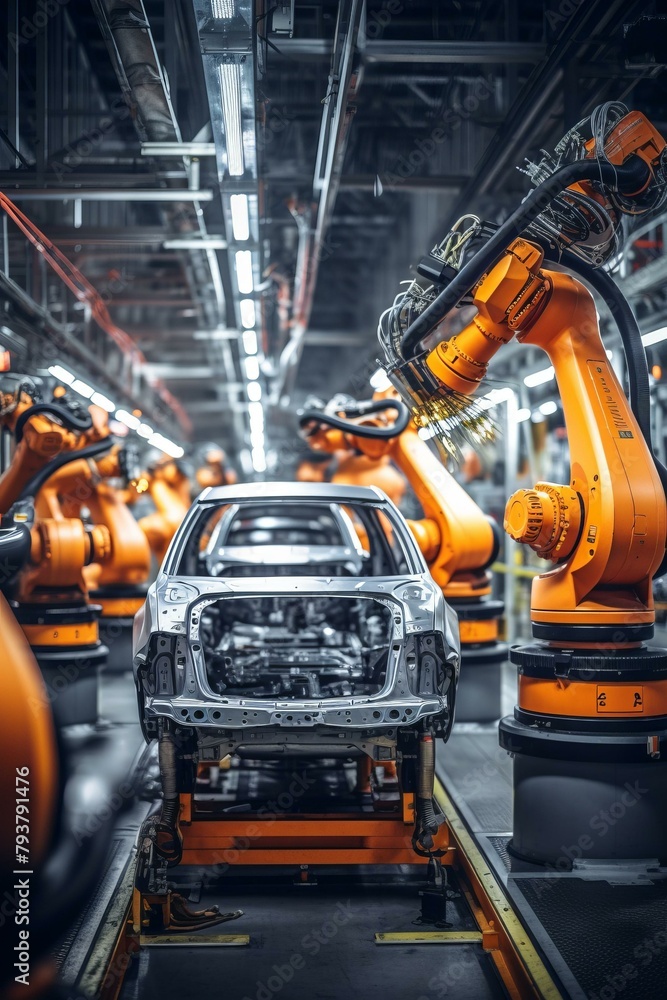 b'Car manufacturing robots on the production line'
