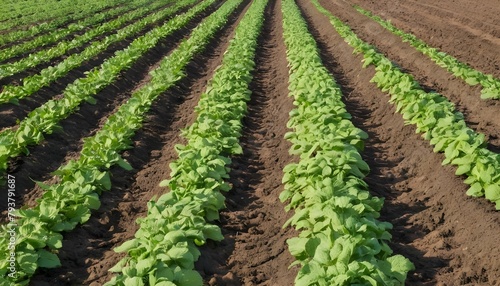 Neatly arranged rows of potatoes growing in a fert