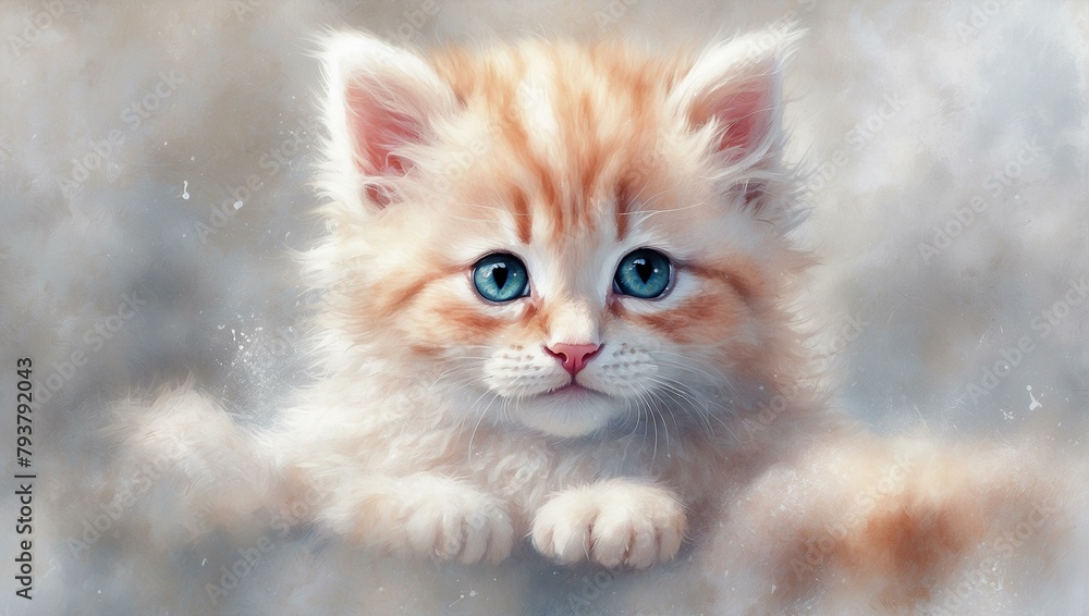 This dreamy artwork captures a fluffy orange kitten with blue eyes, evoking warmth and innocence through watercolors