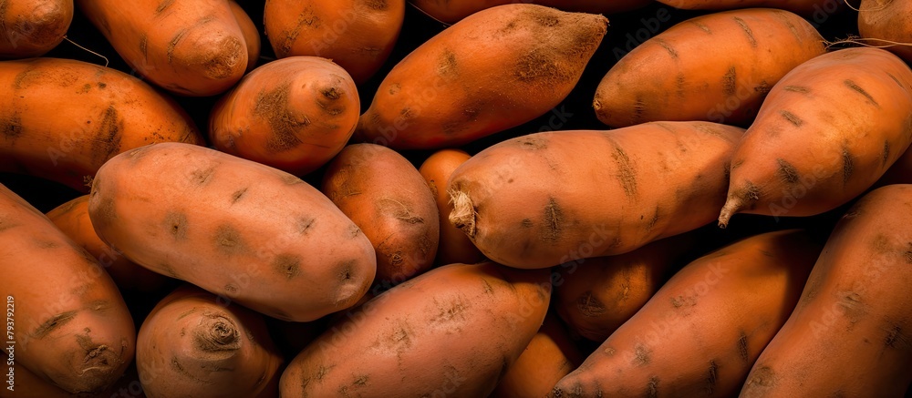 Many sweet potatoes stacked on a table Many sweet potatoes stacked on a table