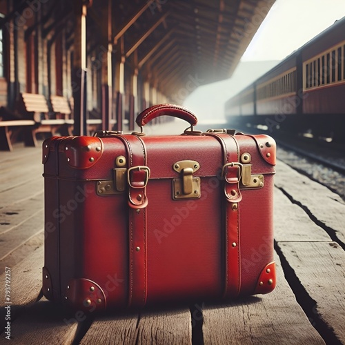 valigia per viaggi vintage e treno sullo sfondo photo