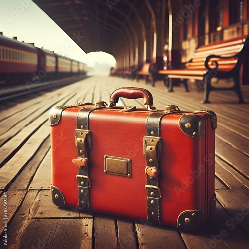 valigia vintage in vecchia stazione e una panchina sullo sfondo photo