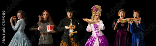 Collage made of people dressed like different medieval royal persons, knight and pirate, eating burgers, hot dogs and street food against black studio background. Concept of street food, delivery. photo