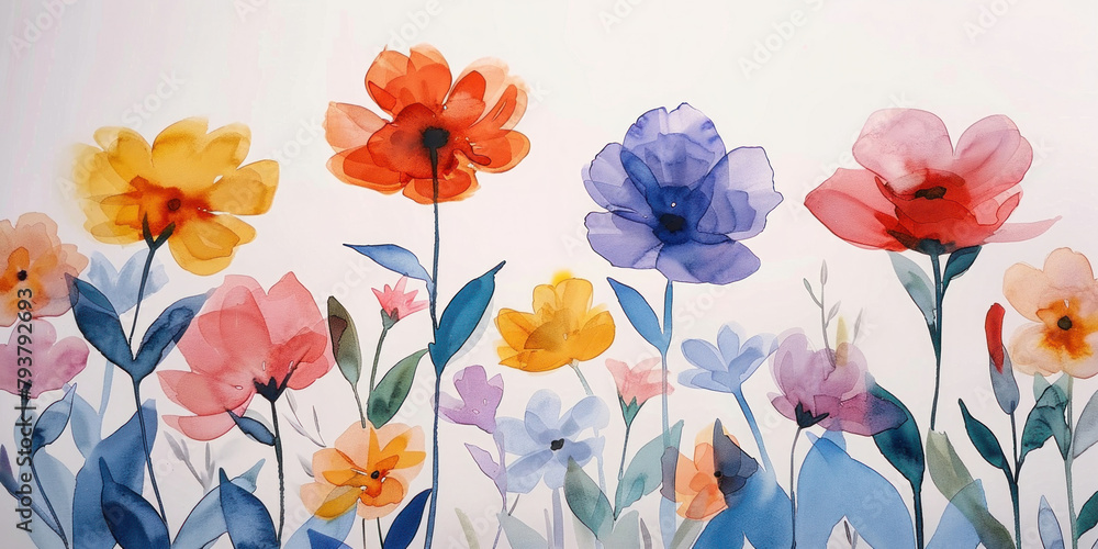 Colorful Flowers Watercolor Painting with Flowers Text on White Background, Spring Floral Artwork Decorative Design
