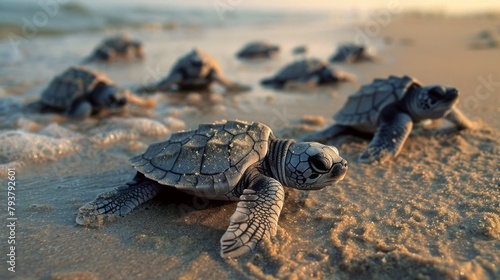 Sea turtle hatchlings making their way to the ocean under the watchful eye of conservationists
