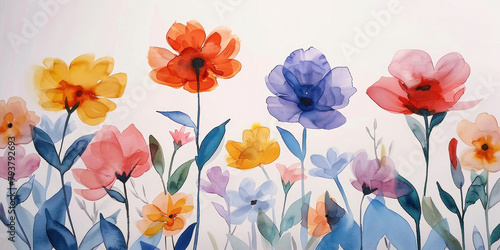 Colorful Flowers Watercolor Painting with Flowers Text on White Background, Spring Floral Artwork Decorative Design © SHOTPRIME STUDIO