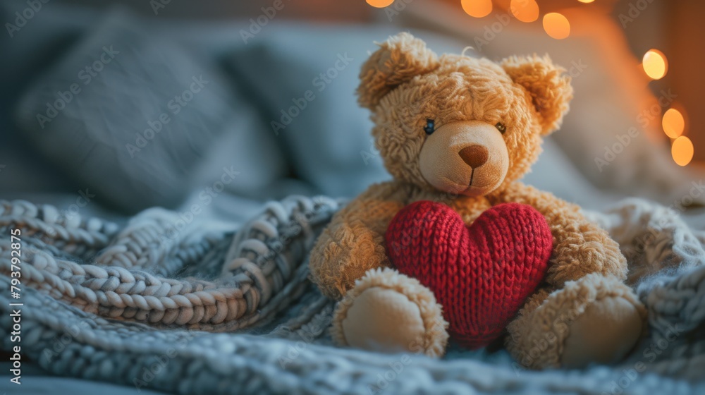 Teddy bear, cuddly toy with red knitted heart on bed in children's room Teddy bear, cuddly toy with red knitted heart on bed in children's room