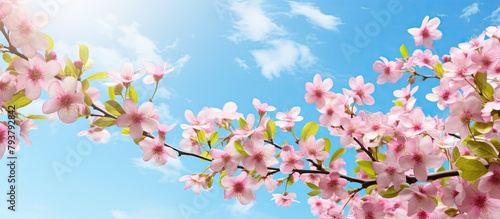 Tree branch with pink blossoms under blue sky