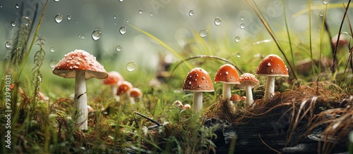 Mushrooms growing amidst green foliage photo