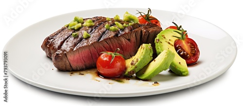 Plate with steak and fresh avocado