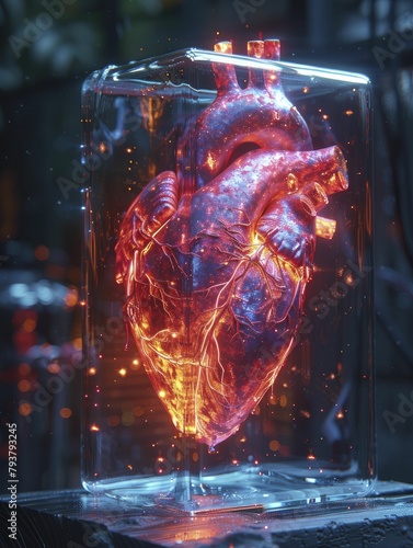 An ethereal display of safeguarded feelings, a glowing heart enclosed in a glass cube amid neon hues on a somber backdrop.