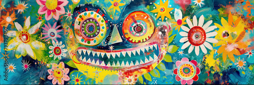 Vibrant and colorful monster-like figure with a wide grin surrounded by whimsical flowers. photo